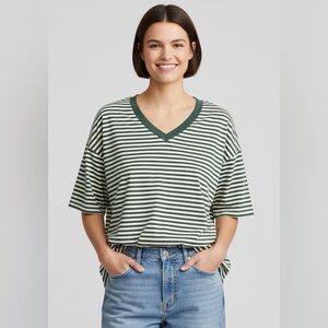 Universal Standard Green and White Striped V-Neck Tee